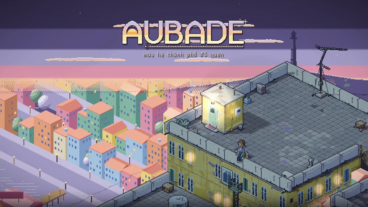 Title screen of Aubade: dawn over the rooftop where Alex lives, with the word AUBADE written in the sky.